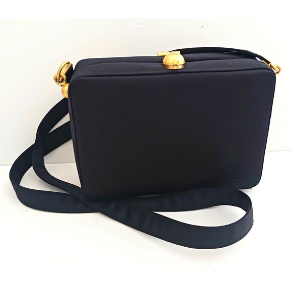 VTG Jay Herbert Blk Box Bag Brushed Gold Top Clasp Crossbody Strap Made Korea - Picture 4 of 14